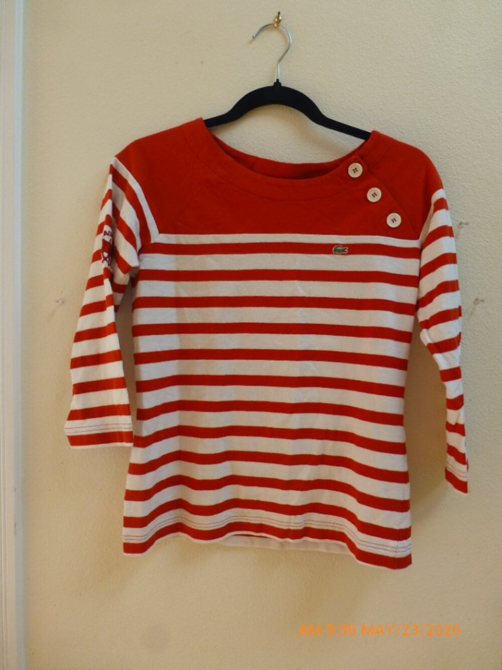 Lacoste Red White Striped 3/4 Sleeve Women's Cotton Shirt Size 36 (US 6)